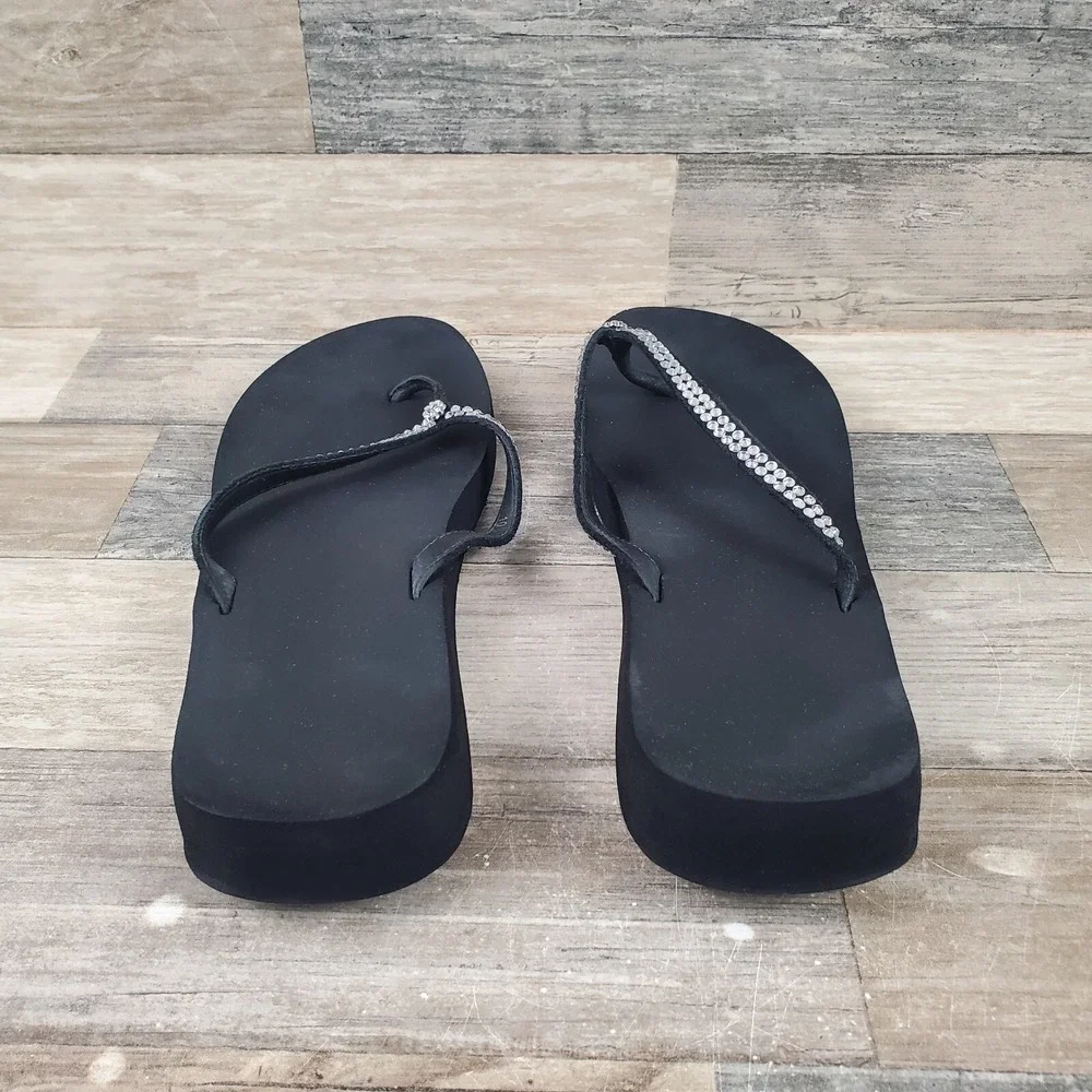 Yellow Box Jello Womens Flip Flops Sz 10 M Black Rhinestone Slip-On Sandals - Picture 3 of 12
